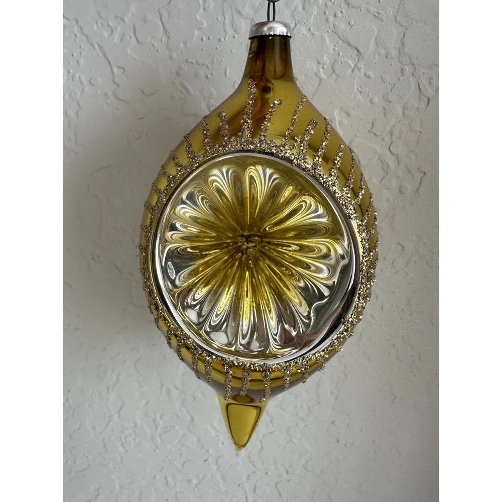 Vintage Indent Teardrop Mercury Glass Christmas Ornament Yellow Gold Glitter